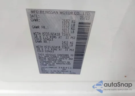 2013 Infiniti Jx35 z USA, uszkodzony, nr VIN 5N1AL0MM5DC348451